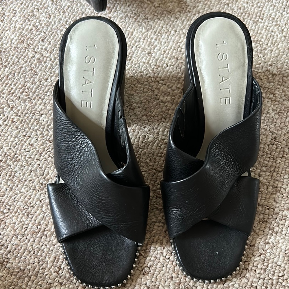 1. State black leather strappy chunky square toe embellished heels - size 9